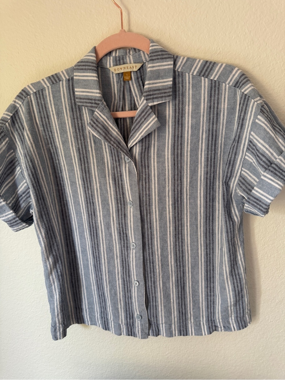 DownEast Blue & White Vertical Stripe Cotton/Linen Short Sleeve Shirt SZ S
